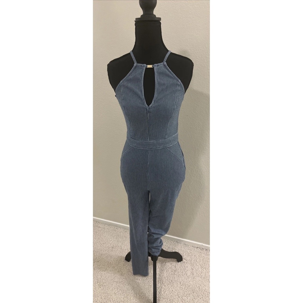 Bebe Women's Sleeveless y2k Jumpsuit‎ Blue Jean and White Striped Size XS EUC